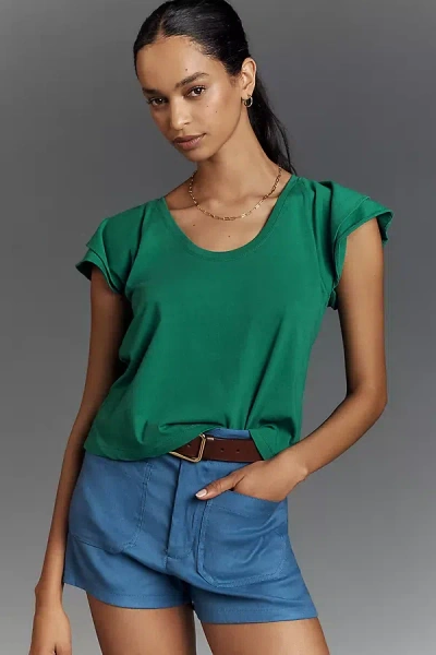 Maeve Scoop-neck Flounce-sleeve Tee In Green