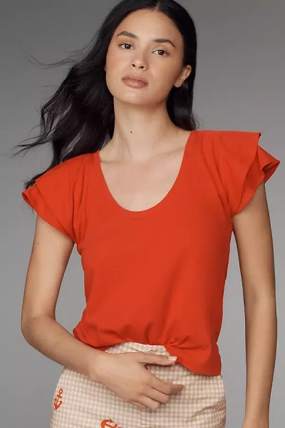 Maeve Scoop-neck Flounce-sleeve Tee In Red