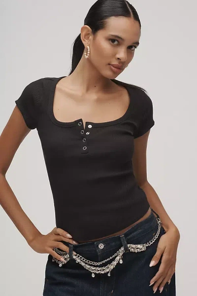 Maeve Scoop-neck Henley Tee In Black