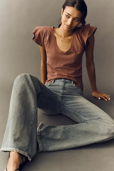 Maeve Scoop-neck Flounce-sleeve Tee In Brown