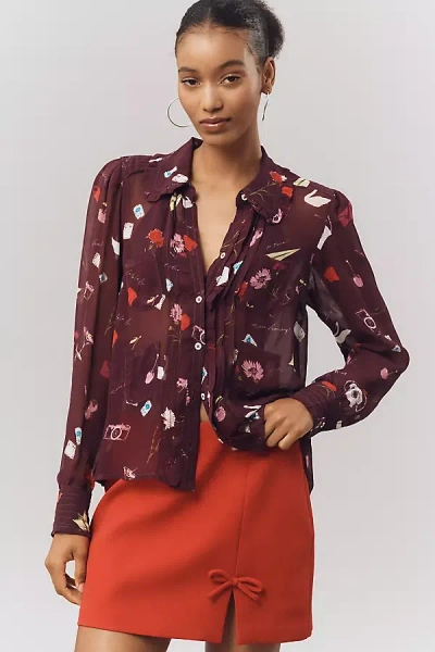 Maeve Sheer Chiffon Buttondown Shirt In Burgundy