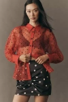 Maeve Sheer Organza Long-sleeve Buttondown Shirt In Red