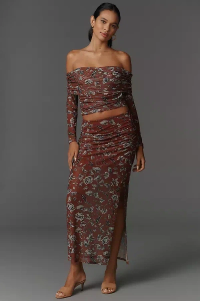 Maeve Sheer Ruched Mesh Fitted Maxi Skirt In Brown