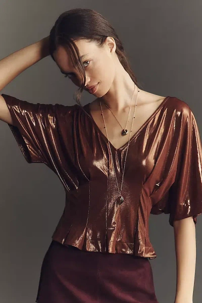 Maeve Shine Pleated Dolman Top In Brown