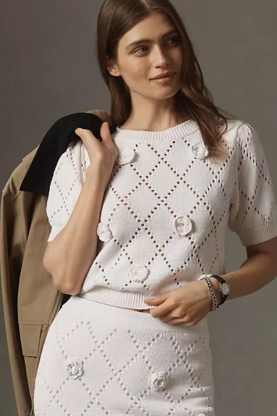 Maeve Short-sleeve 3d Floral Embellished Sweater In Neutral