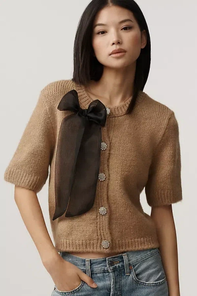 Maeve Short-sleeve Bow Cardigan Sweater In Brown