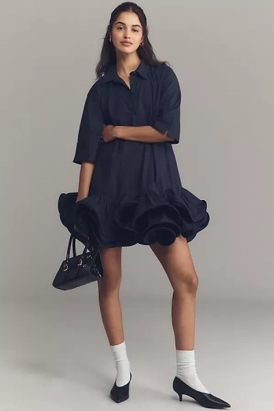 Maeve Short-sleeve Collared 3d Ruffle Mini Dress In Blue