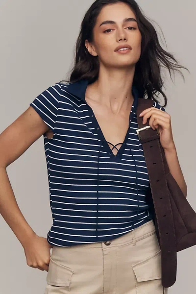 Maeve Short-sleeve Collared Lace-up Top In Blue