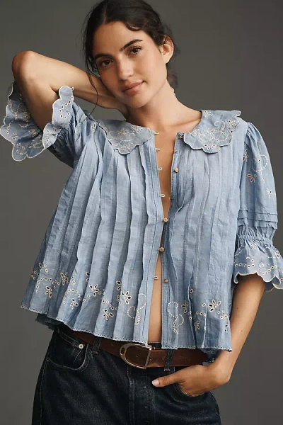 Maeve Short-sleeve Collared Pleated Blouse In Blue