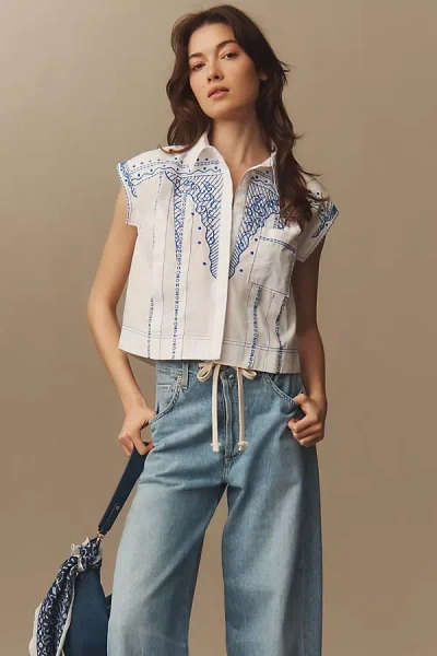 Maeve Short-sleeve Collared Pleated Blouse In Blue