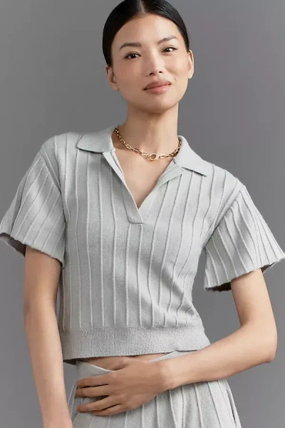 Maeve Short-sleeve Collared V-neck Ribbed Sweater In Gray