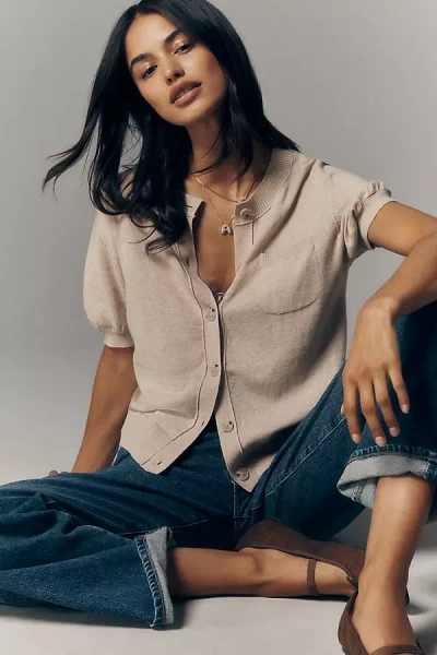 Maeve Short-sleeve Crew-neck Cardigan Sweater In Sand