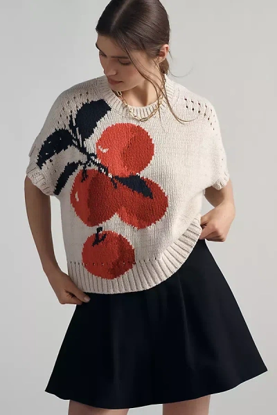 Maeve Short-sleeve Crew-neck Veggie Motif Graphic Sweater In White