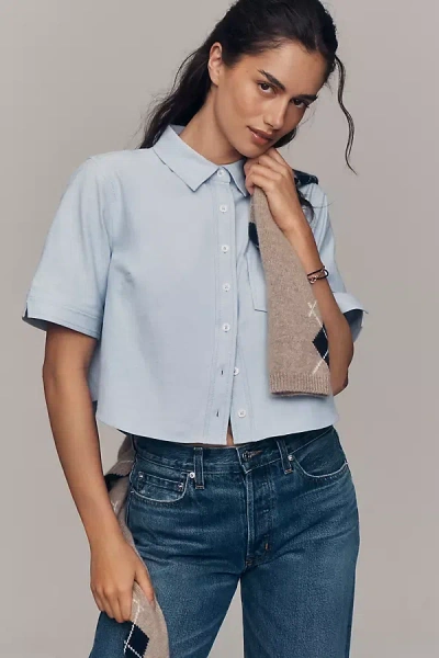 Maeve Short-sleeve Cropped Buttondown Top In Blue
