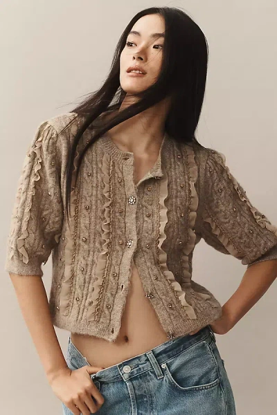 Maeve Short-sleeve Embellished Ruffled Cardigan Sweater In Beige