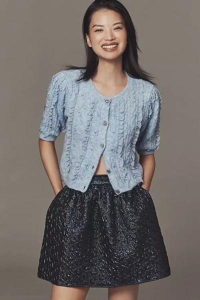 Maeve Short-sleeve Embellished Ruffled Cardigan Sweater In Blue
