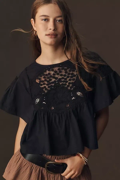 Maeve Short-sleeve Embellished Swing Top In Black