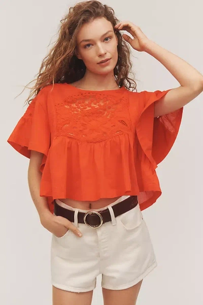 Maeve Short-sleeve Embellished Swing Top In Red