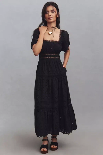 Maeve Short-sleeve Eyelet Babydoll Midi Dress In Black