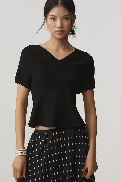 Maeve Short-sleeve High-neck Hourglass Ruffle Sweater In Black
