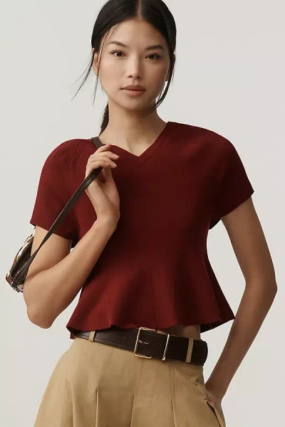 Maeve Short-sleeve High-neck Hourglass Ruffle Sweater In Red