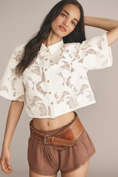 Maeve Short-sleeve Lace Buttondown Surf Shirt In Beige