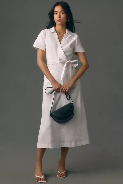 Maeve Short-sleeve Linen Tie-waist Midi Dress In White