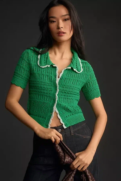 Maeve Short-sleeve Open-stitch Polo Cardigan Sweater In Green