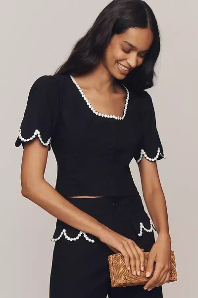 Maeve Short-sleeve Scoop-neck Lace-trim Blouse In Black