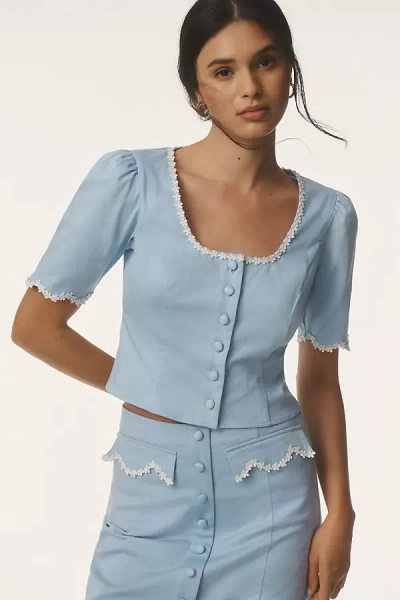 Maeve Short-sleeve Scoop-neck Lace-trim Blouse In Blue