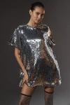Maeve Short-sleeve Sequin Swing Mini Dress In Silver