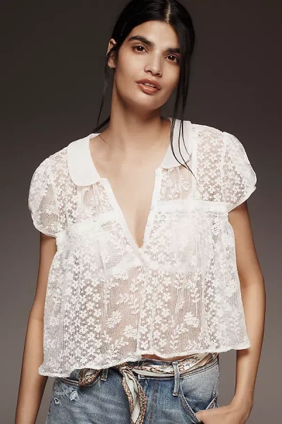 Maeve Short Sleeve Sheer Lace Babydoll Blouse In White