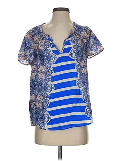 Pre-owned Maeve Short Sleeve Silk Top Blue Plunge Neckline Tops