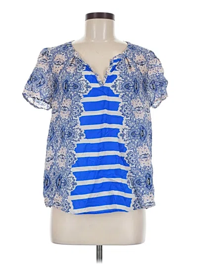 Pre-owned Maeve Short Sleeve Silk Top Blue Plunge Neckline Tops