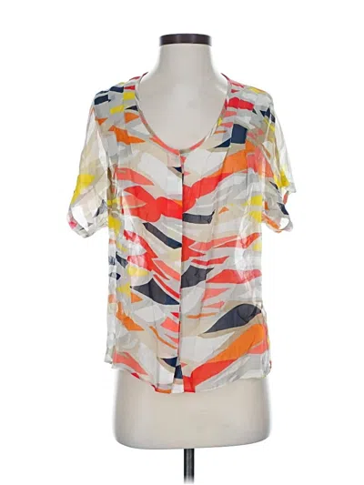 Pre-owned Maeve Short Sleeve Silk Top Orange Color Block Pattern Plunge Neckline Tops
