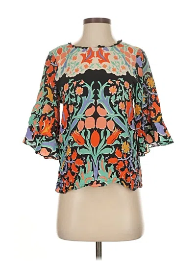 Pre-owned Maeve Short Sleeve Silk Top Teal Keyhole Neckline Tops In Blue