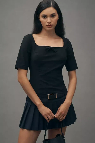 Maeve Short-sleeve Square-neck Bow Top In Black