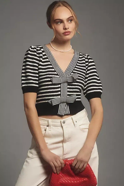 Maeve Short-sleeve Striped Bow Cardigan Sweater In Black