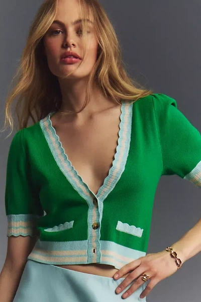 Maeve Short-sleeve V-neck Cardigan Sweater In Green
