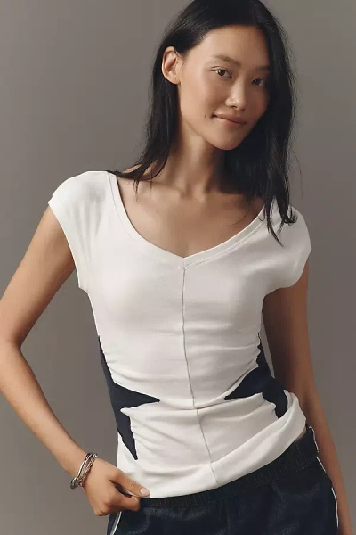 Maeve Short Sleeve V-neck Star-detail T-shirt In White
