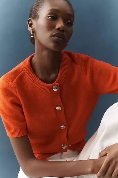 Maeve Short-sleeve Crew-neck Cardigan Sweater In Green