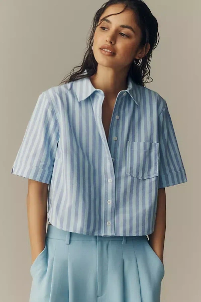 Maeve Short-sleeve Cropped Buttondown Top In Blue