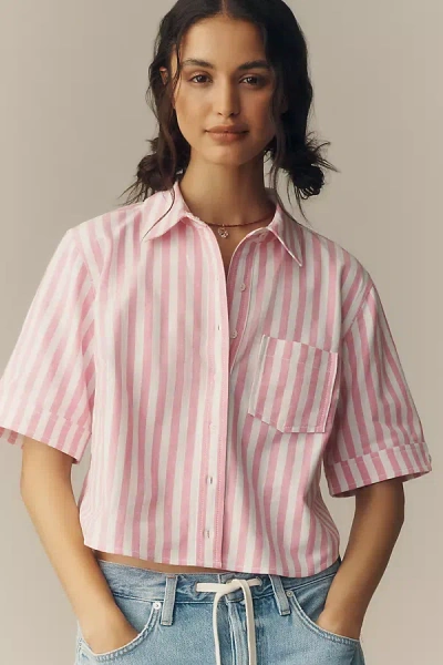 Maeve Short-sleeve Cropped Buttondown Top In Pink