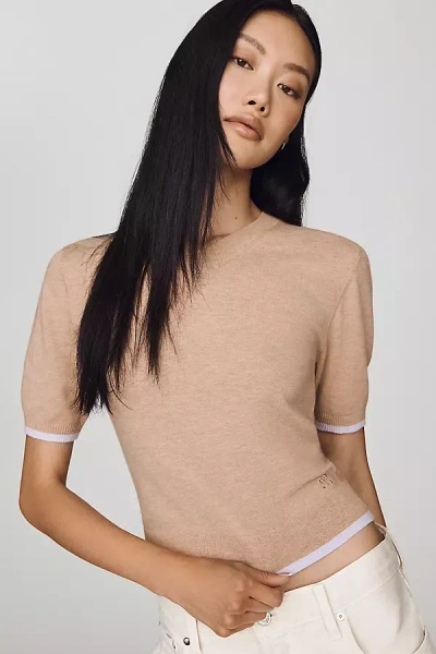 Maeve Short-sleeve Cropped Sweater In Beige
