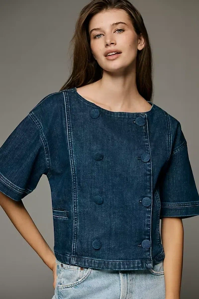 Maeve Short-sleeve Double-breasted Denim Jacket In Blue