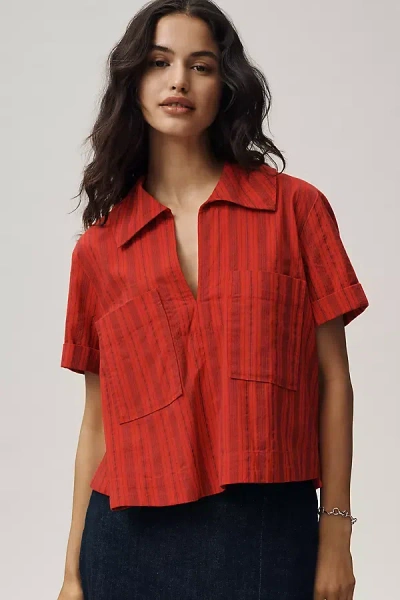 Maeve Short-sleeve Swing Buttondown Top In Burgundy