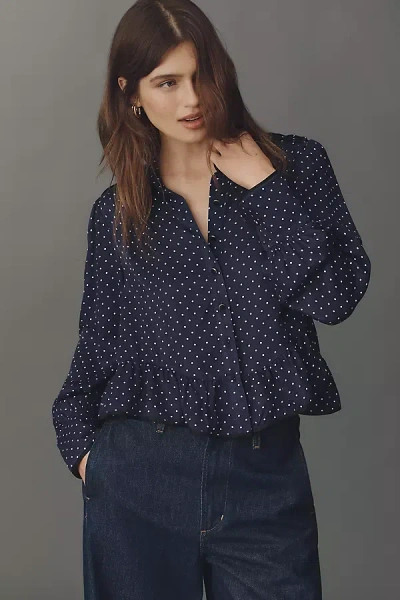 Maeve Silky Ruffle Buttondown Shirt In Blue