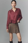 Maeve Silky Ruffle Buttondown Shirt In Brown