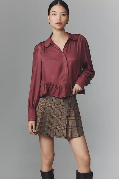 Maeve Silky Ruffle Buttondown Shirt In Brown