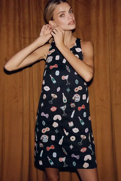 Maeve Sleeveless Beaded Shift Mini Dress In Black